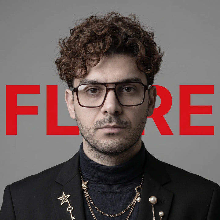 Anteojos Fiore 1039 en café, en modelo – retrato de campaña, graphic studio portrait with bold red shapes
