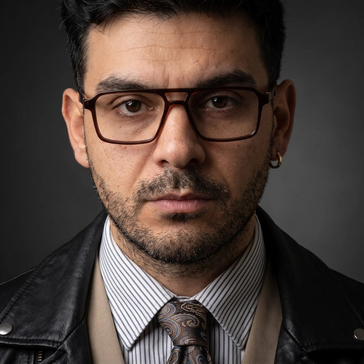 Anteojos Fiore 1039 en café, en modelo – retrato de campaña, minimal studio portrait in soft daylight