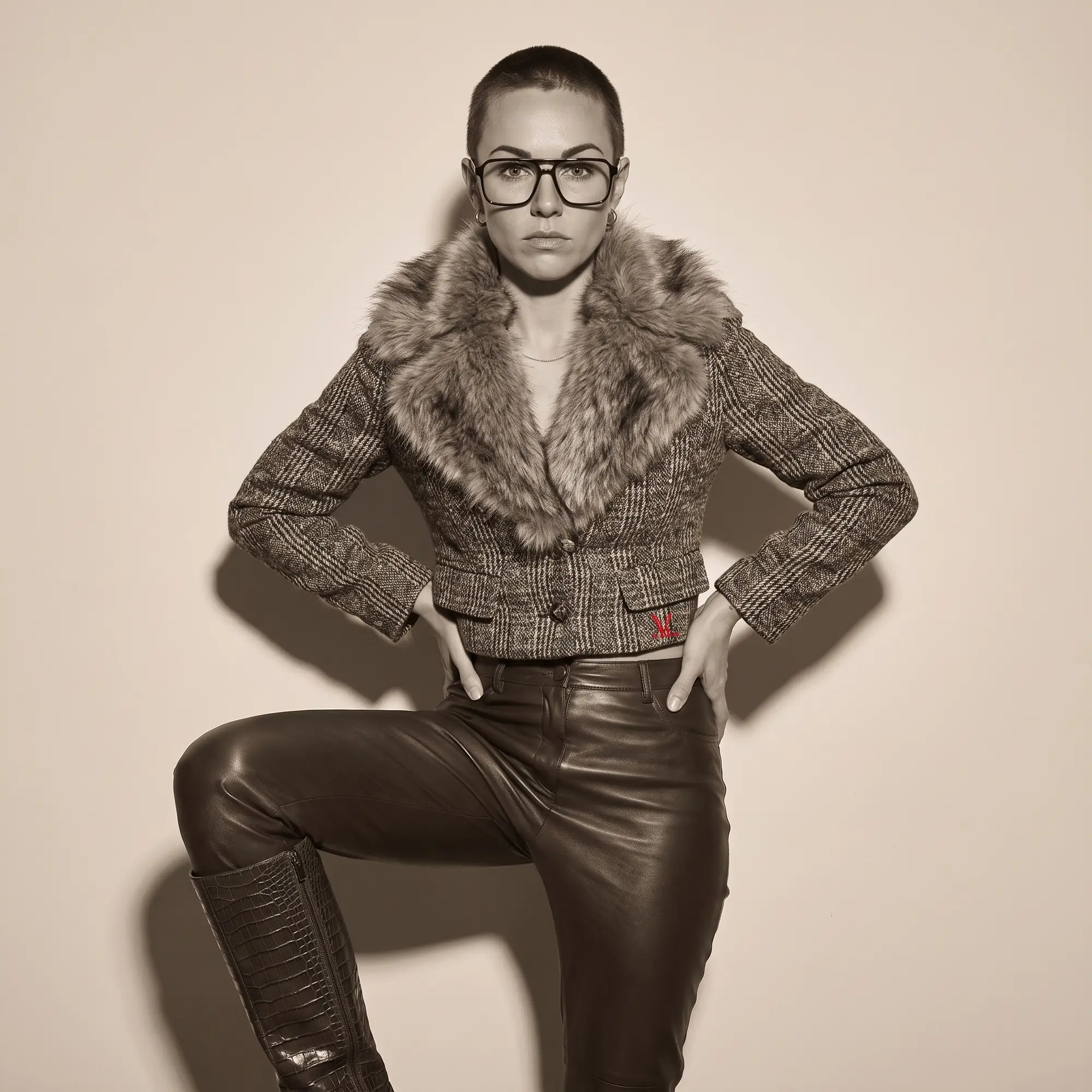 Anteojos Fiore 1039 en café, en modelo – retrato de campaña, full-length studio portrait in tweed and leather