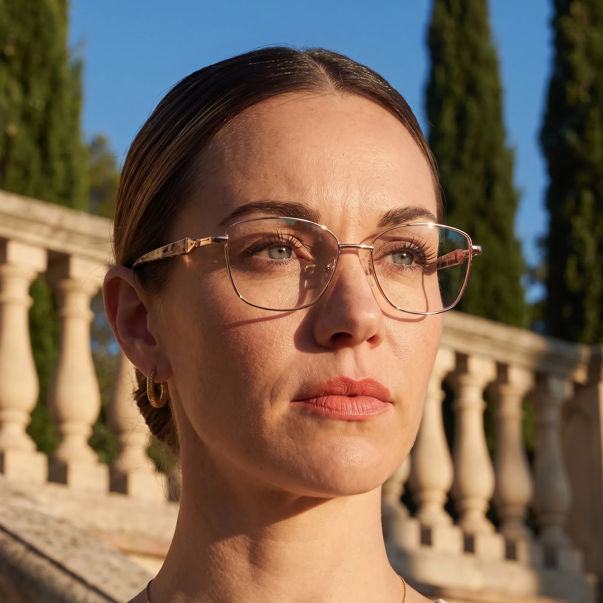 Anteojos Fiore 2208 en brown gold, en modelo – retrato de campaña, evening glow at a villa balustrade