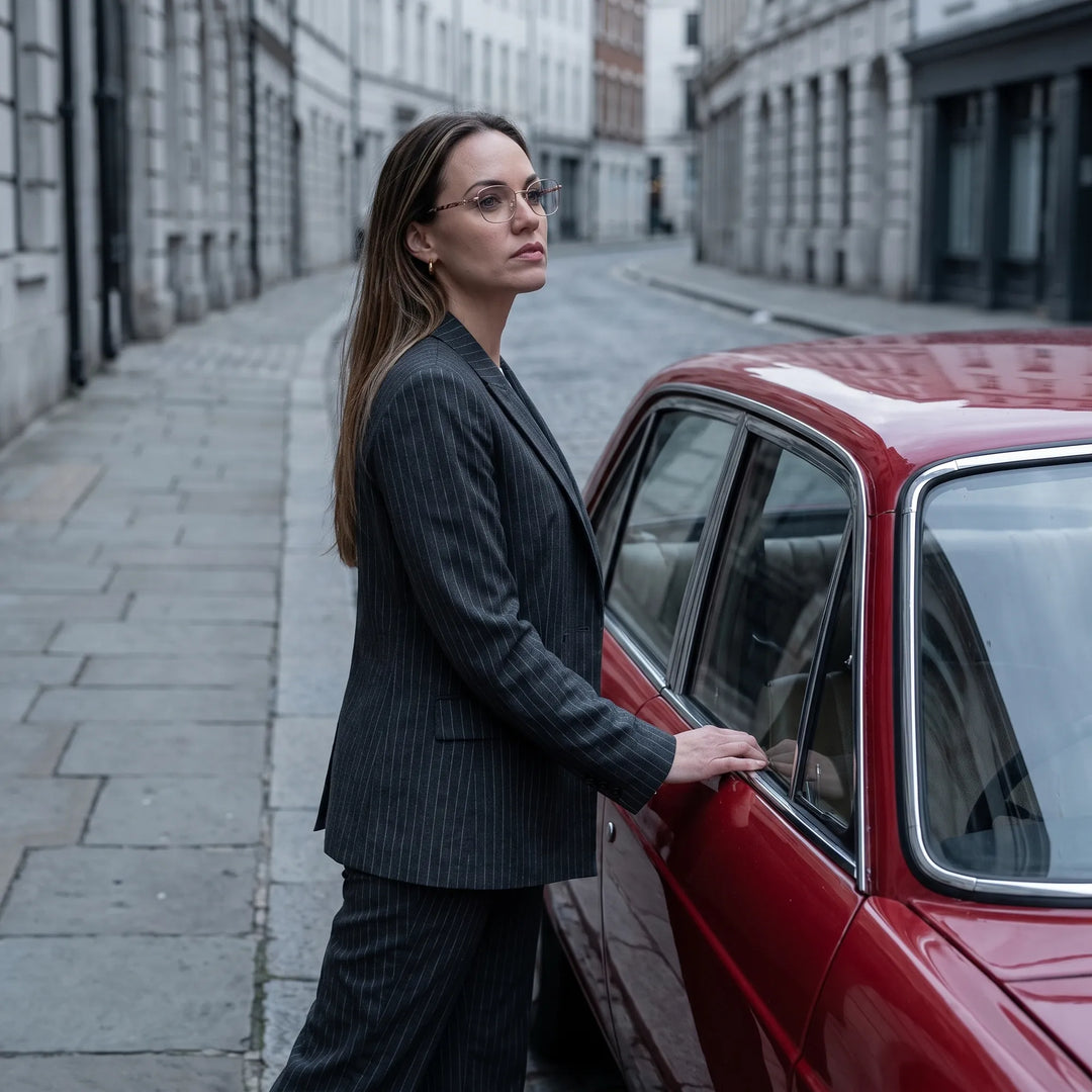Anteojos Fiore 2208 en café dorado, en modelo – retrato de campaña, traje a rayas junto a un auto clásico rojo