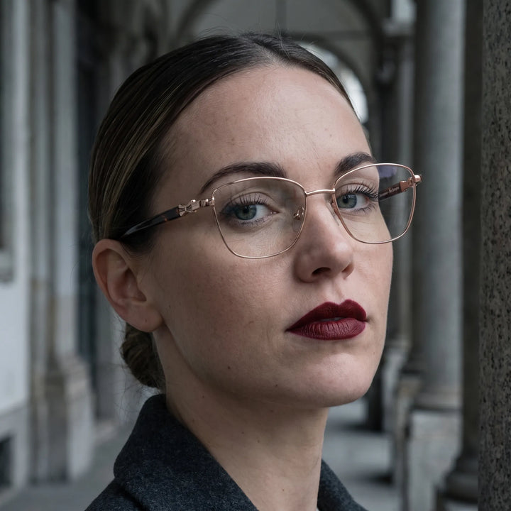 Anteojos Fiore 22115 en café, en modelo – retrato de campaña, retrato otoñal entre columnas de piedra