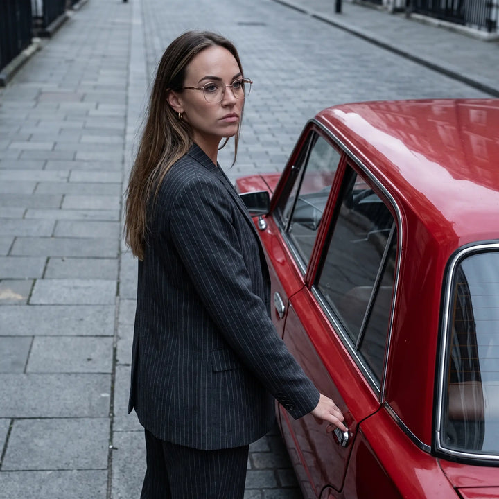 Anteojos Fiore 22115 en café, en modelo – retrato de campaña, traje a rayas junto a un auto clásico rojo