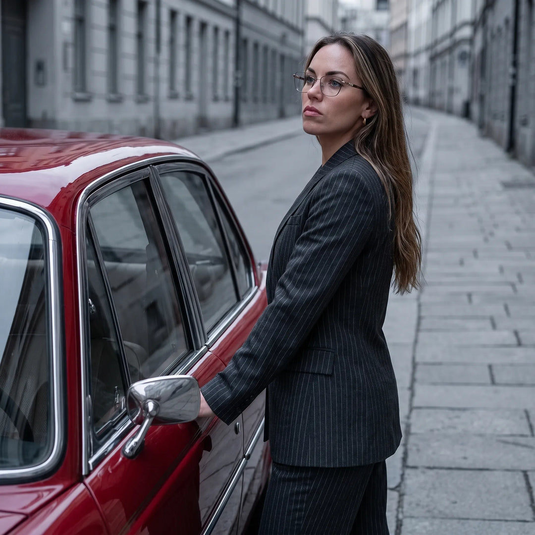 Anteojos Fiore 22115 en black silver, en modelo – retrato de campaña, traje a rayas junto a un auto clásico rojo