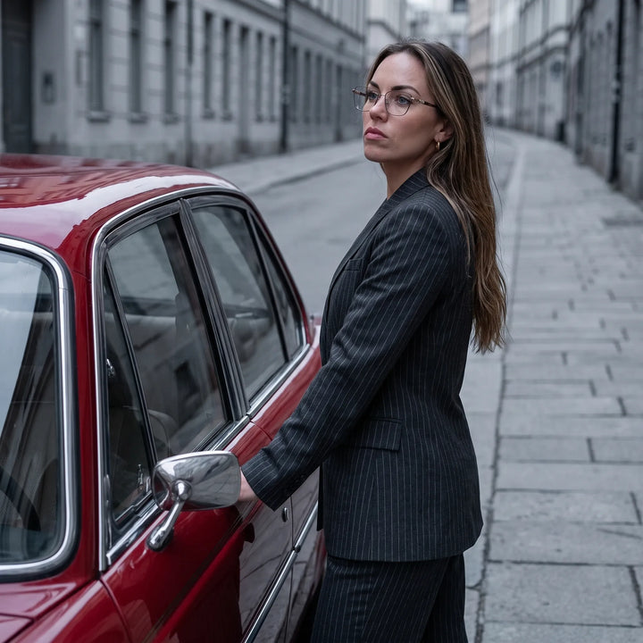 Anteojos Fiore 22115 en black silver, en modelo – retrato de campaña, traje a rayas junto a un auto clásico rojo