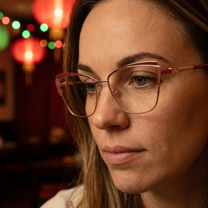 Anteojos Fiore 3837 en red gold, en modelo – retrato de campaña, candid portrait in neon-lit evening glow