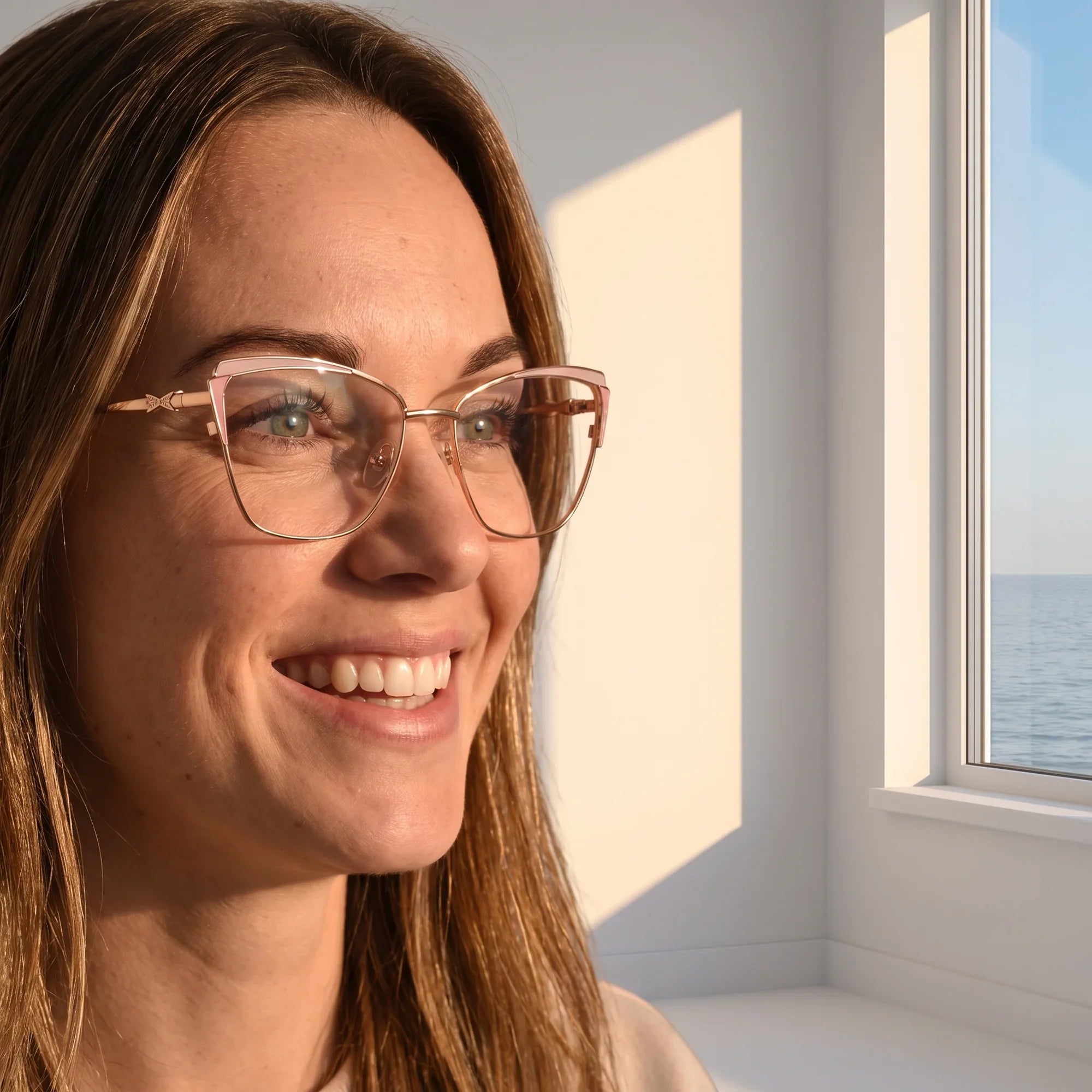 Anteojos Fiore 3837 en pink gold, en modelo – retrato de campaña, smiling at a bright window over the sea