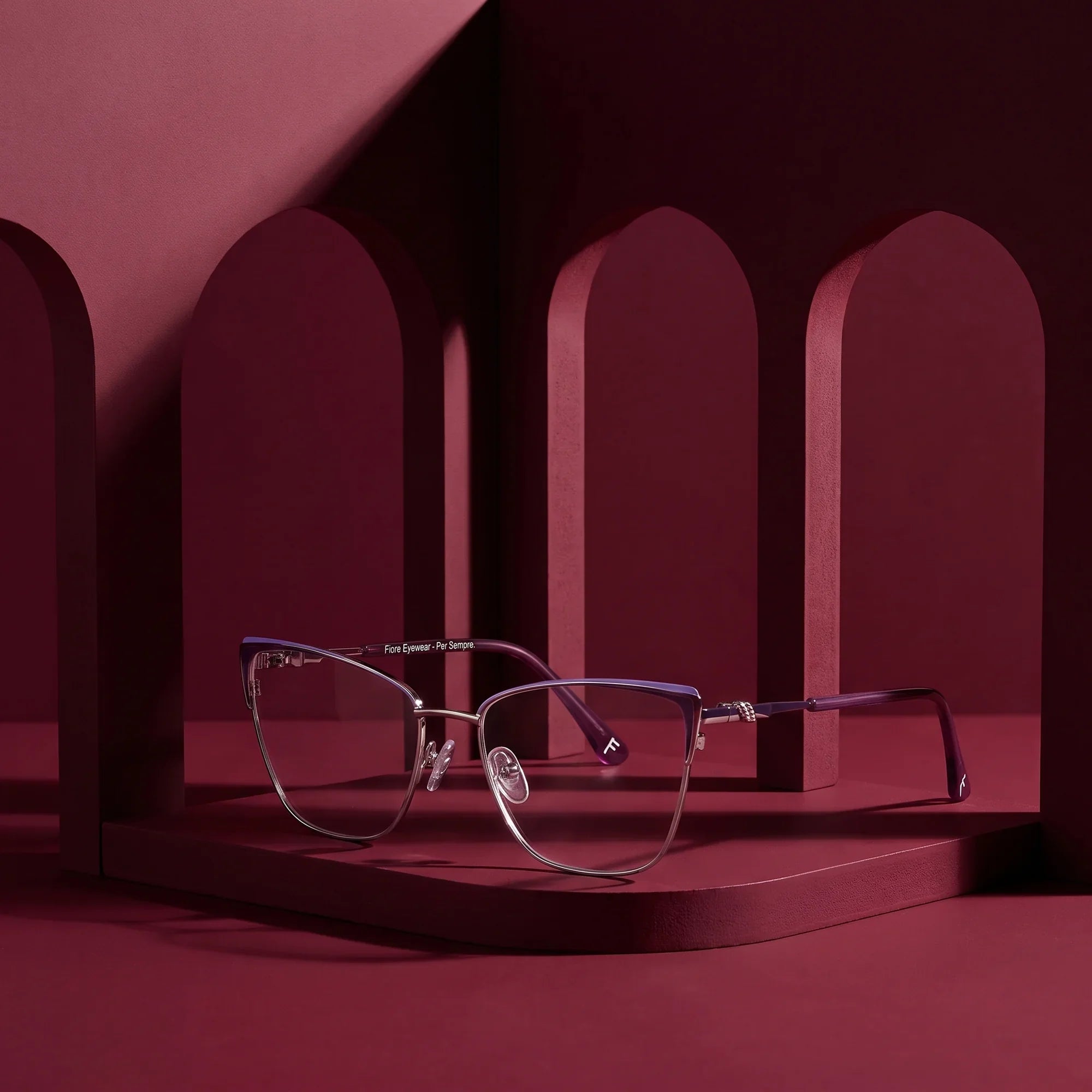 Anteojos Fiore 3839 en purple silver – still life among monochrome burgundy arches