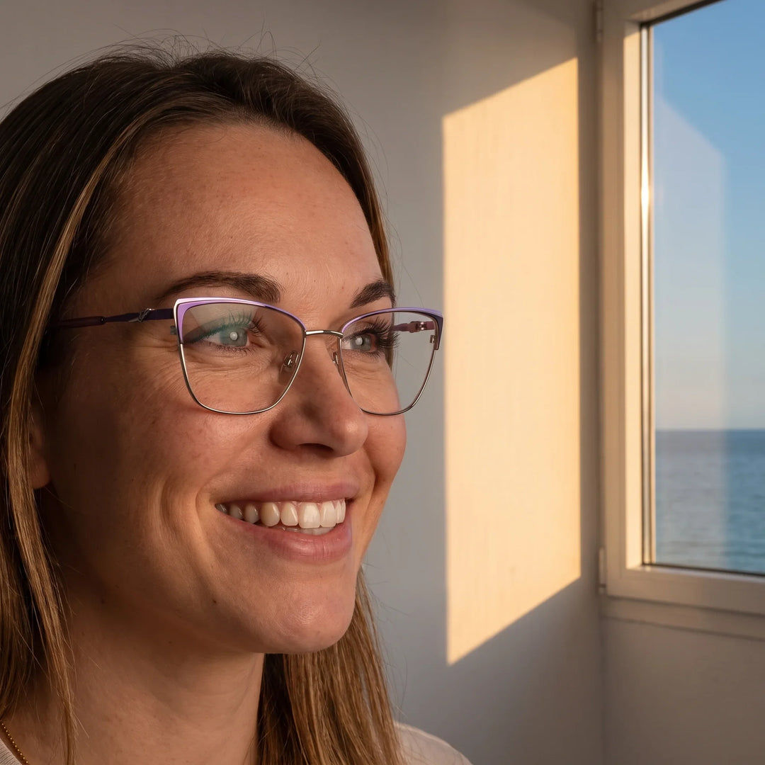 Anteojos Fiore 3839 en purple silver, en modelo – retrato de campaña, smiling at a bright window over the sea