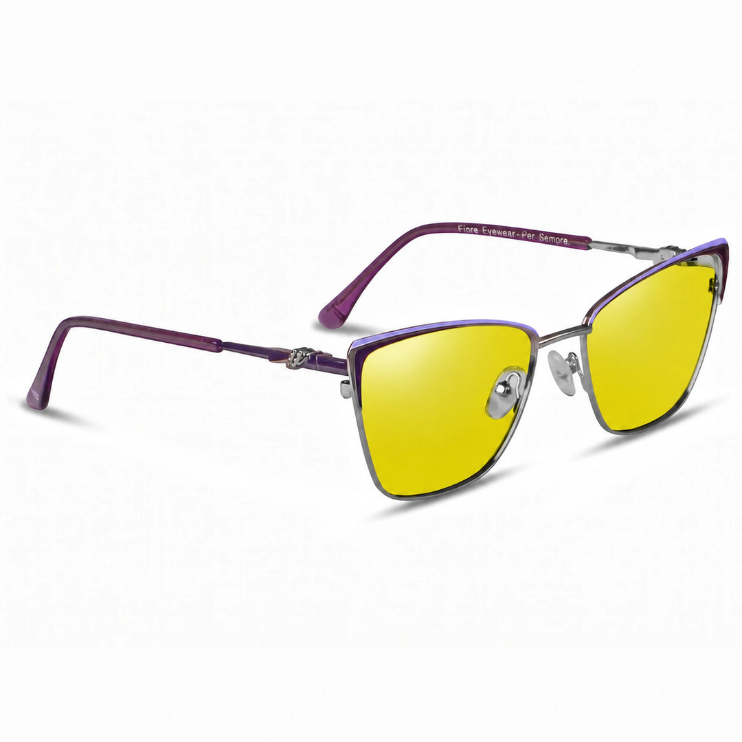 Lentes de sol Fiore 3839 Morado cristal Amarillo polarizado vista tres cuartos mujer #color_amarillo