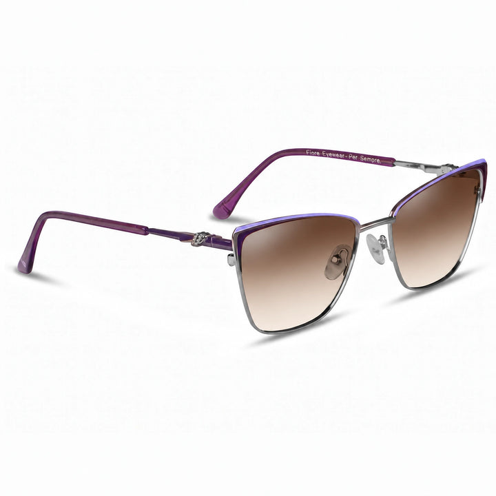 Lentes de sol Fiore 3839 Morado cristal Gradiente Cafe polarizado vista tres cuartos mujer #color_gradiente-cafe