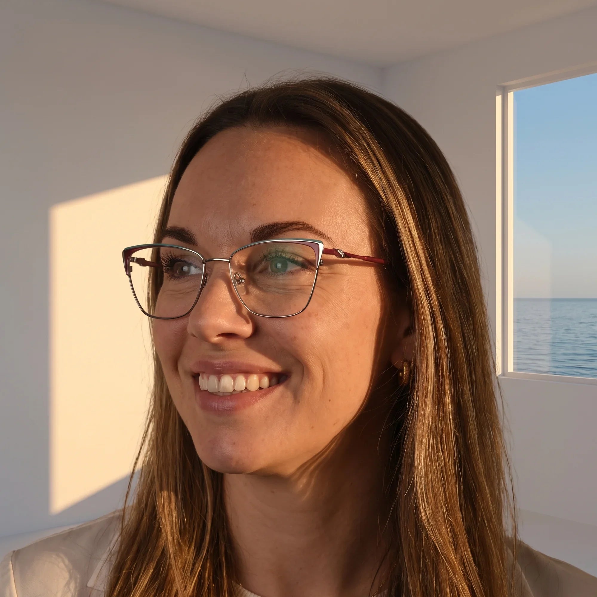 Anteojos Fiore 3839 en red gun, en modelo – retrato de campaña, smiling at a bright window over the sea