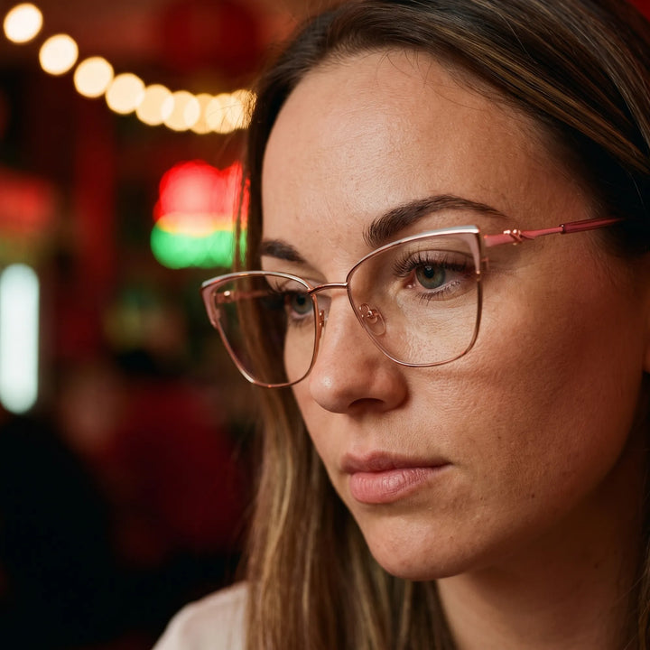 Anteojos Fiore 3839 en pink gold, en modelo – retrato de campaña, candid portrait in neon-lit evening glow