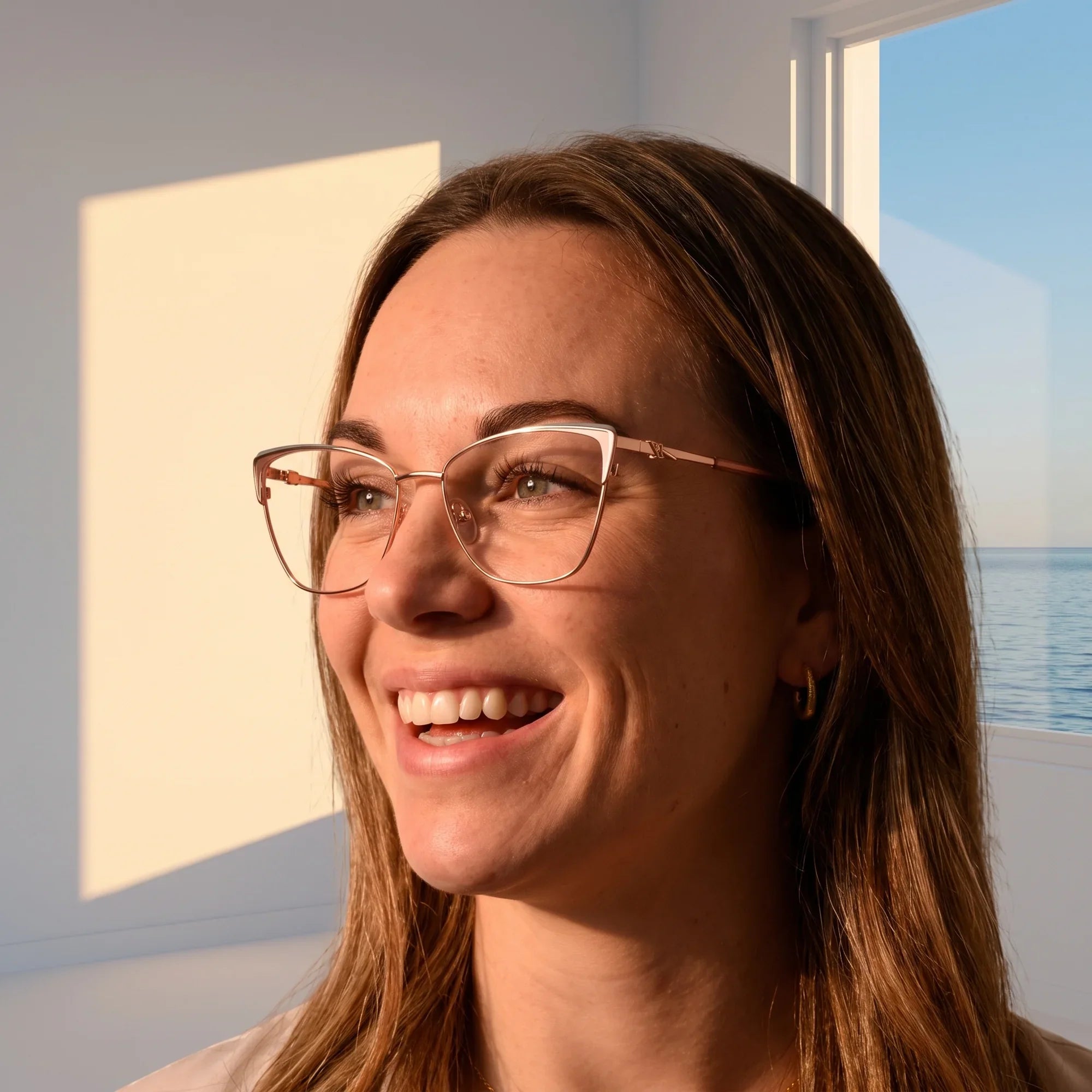 Anteojos Fiore 3839 en pink gold, en modelo – retrato de campaña, smiling at a bright window over the sea