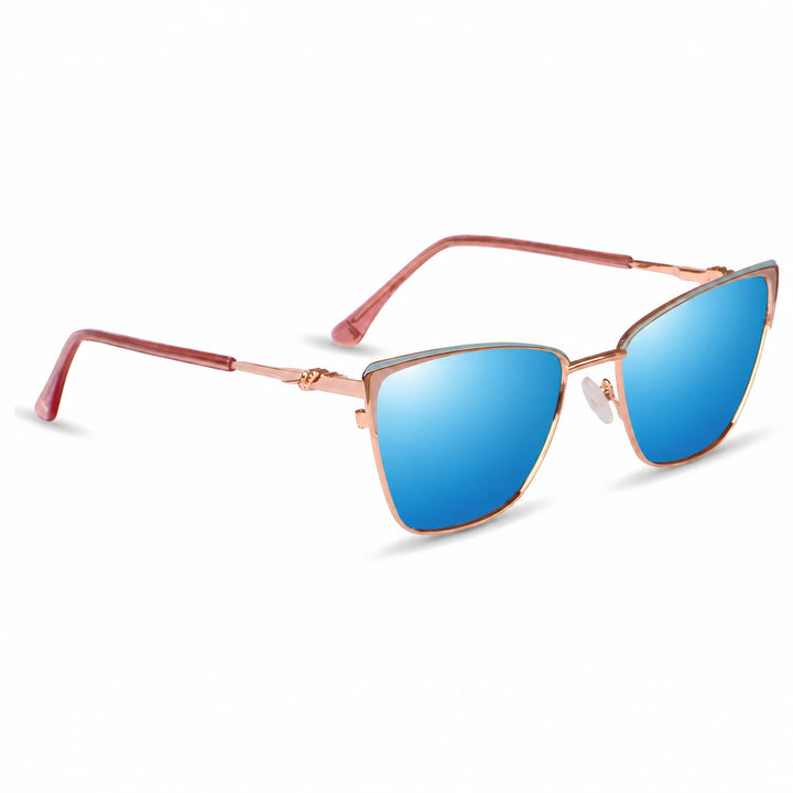 Lentes de sol Fiore 3839 Rosado cristal Espejado Azul polarizado vista tres cuartos mujer #color_espejado-azul