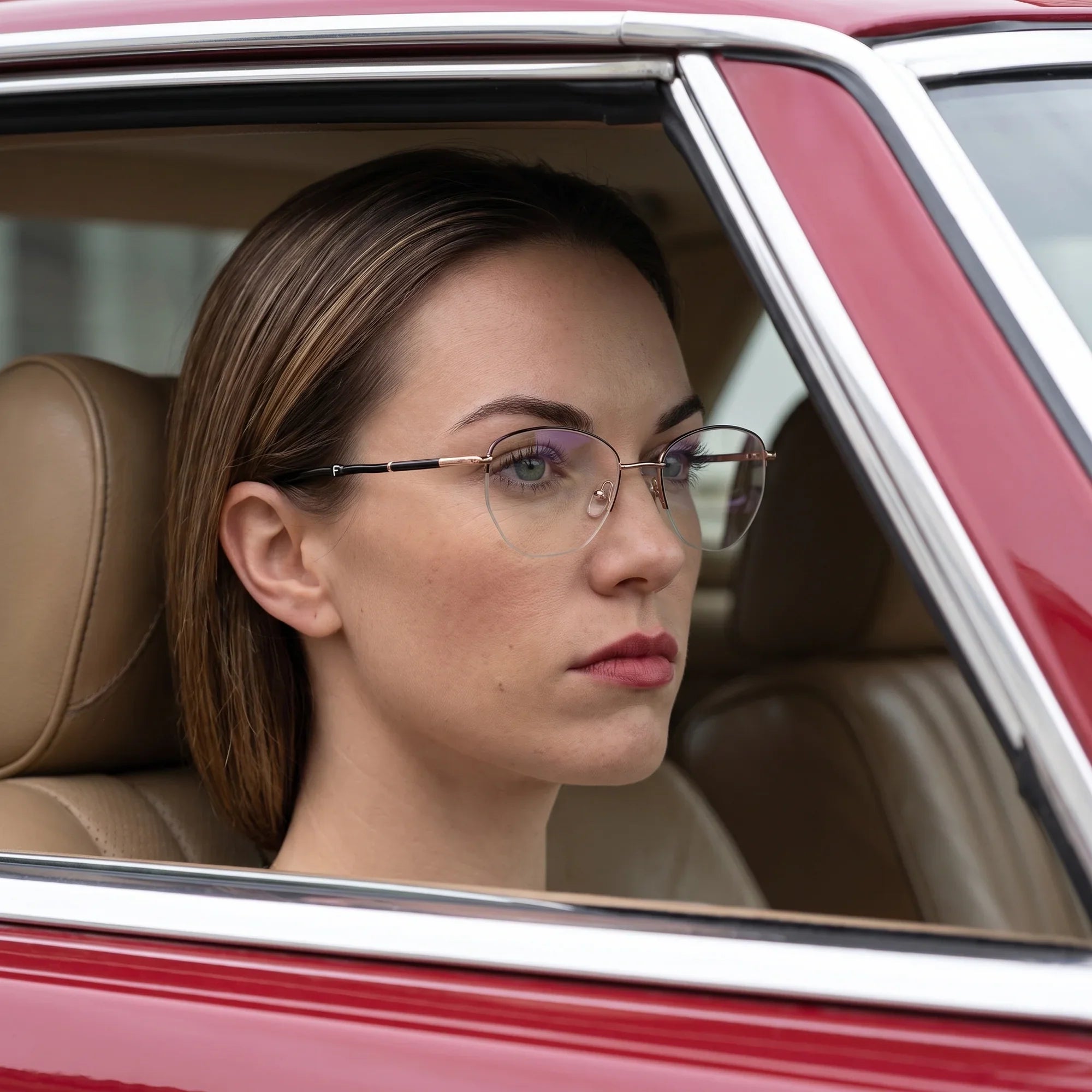 Anteojos Fiore 3921 en black gold, en modelo – retrato de campaña, mirada a través de la ventana de un auto clásico rojo