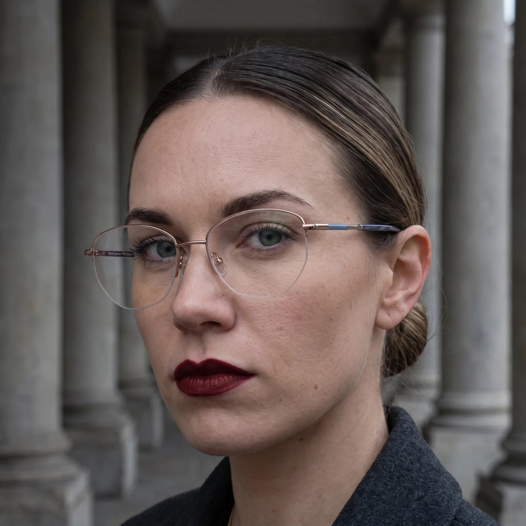 Anteojos Fiore 3921 en grey brown, en modelo – retrato de campaña, retrato otoñal entre columnas de piedra