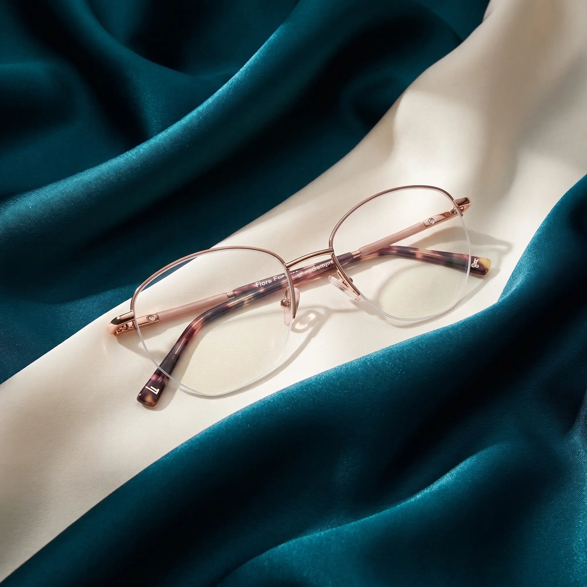Anteojos Fiore 3921 en brown gold – resting on draped teal and ivory silk