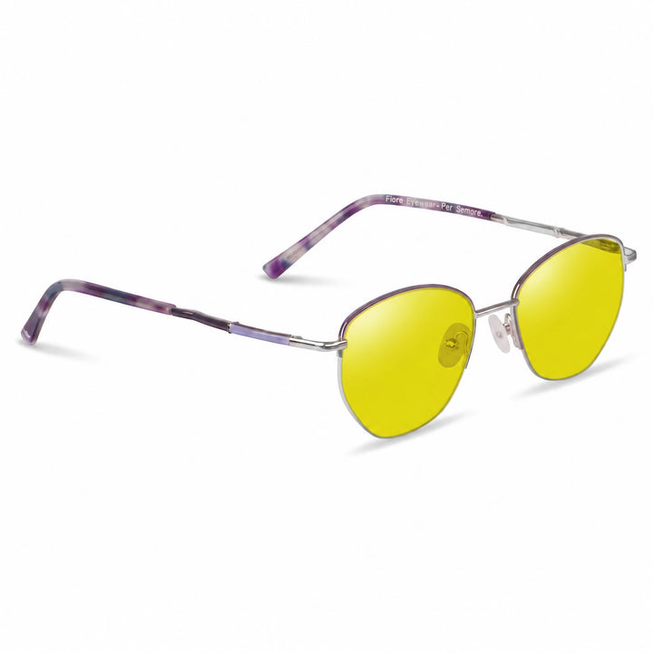 Lentes de sol Fiore 3921 Morado cristal Amarillo polarizado vista tres cuartos mujer #color_amarillo