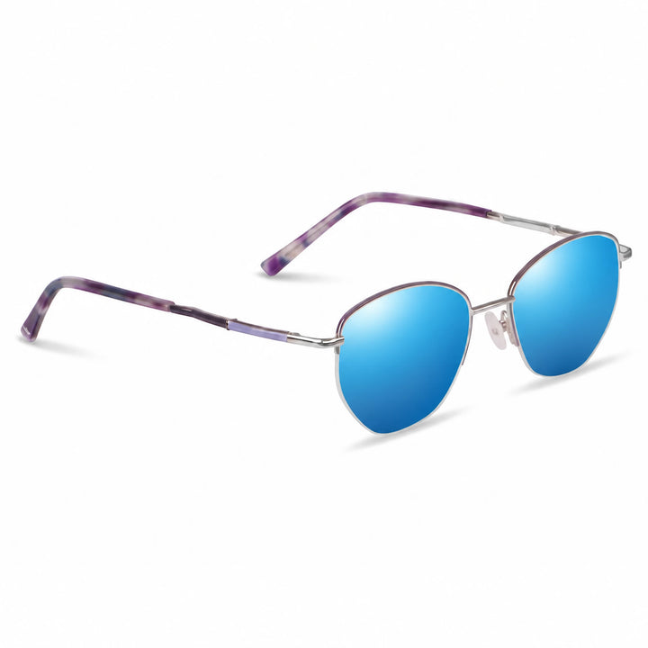 Lentes de sol Fiore 3921 Morado cristal Espejado Azul polarizado vista tres cuartos mujer #color_espejado-azul