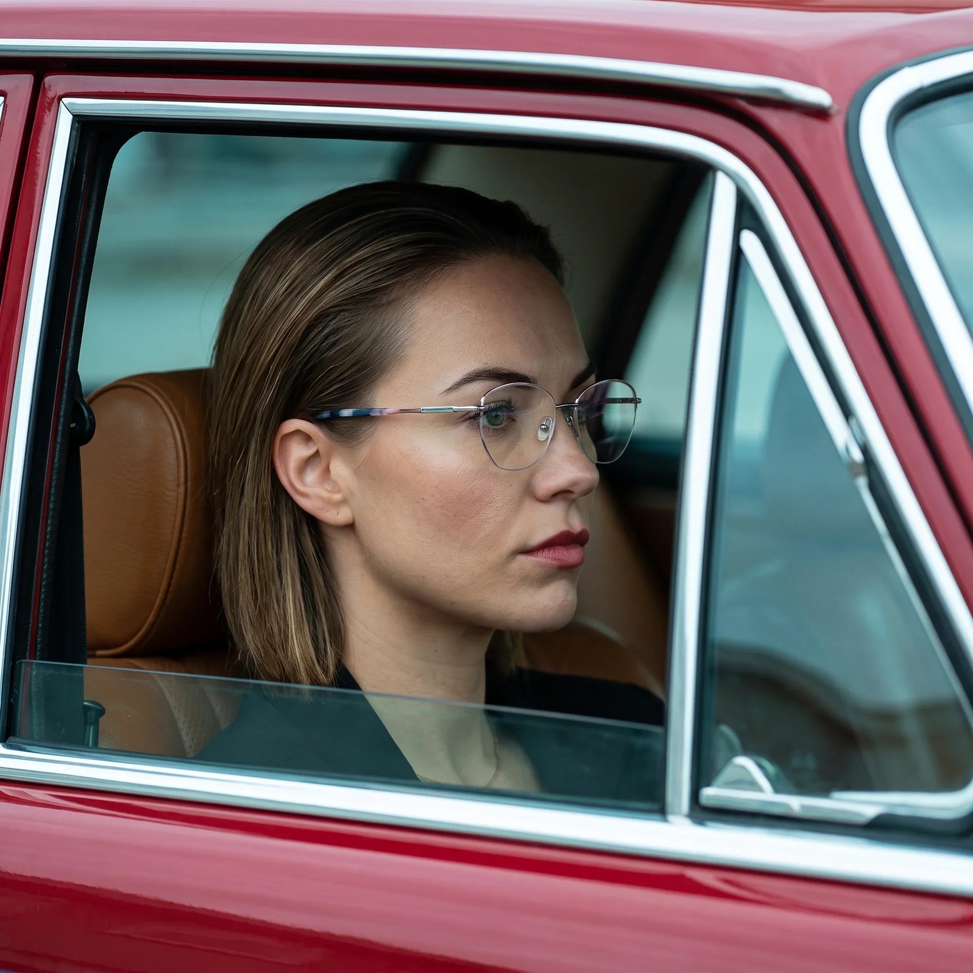 Anteojos Fiore 3921 en pink silver, en modelo – retrato de campaña, mirada a través de la ventana de un auto clásico rojo