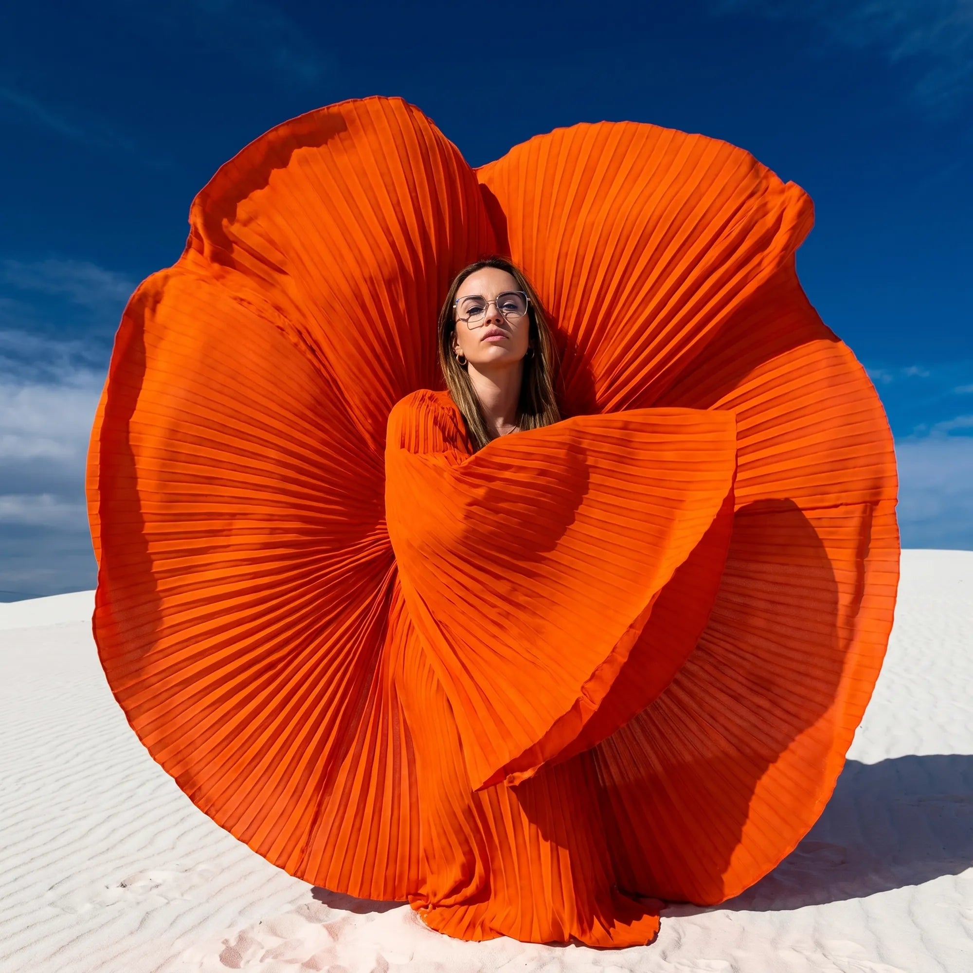 Anteojos Fiore 3971 en grey gold, en modelo – retrato de campaña, abanico plisado naranja escultórico sobre dunas blancas