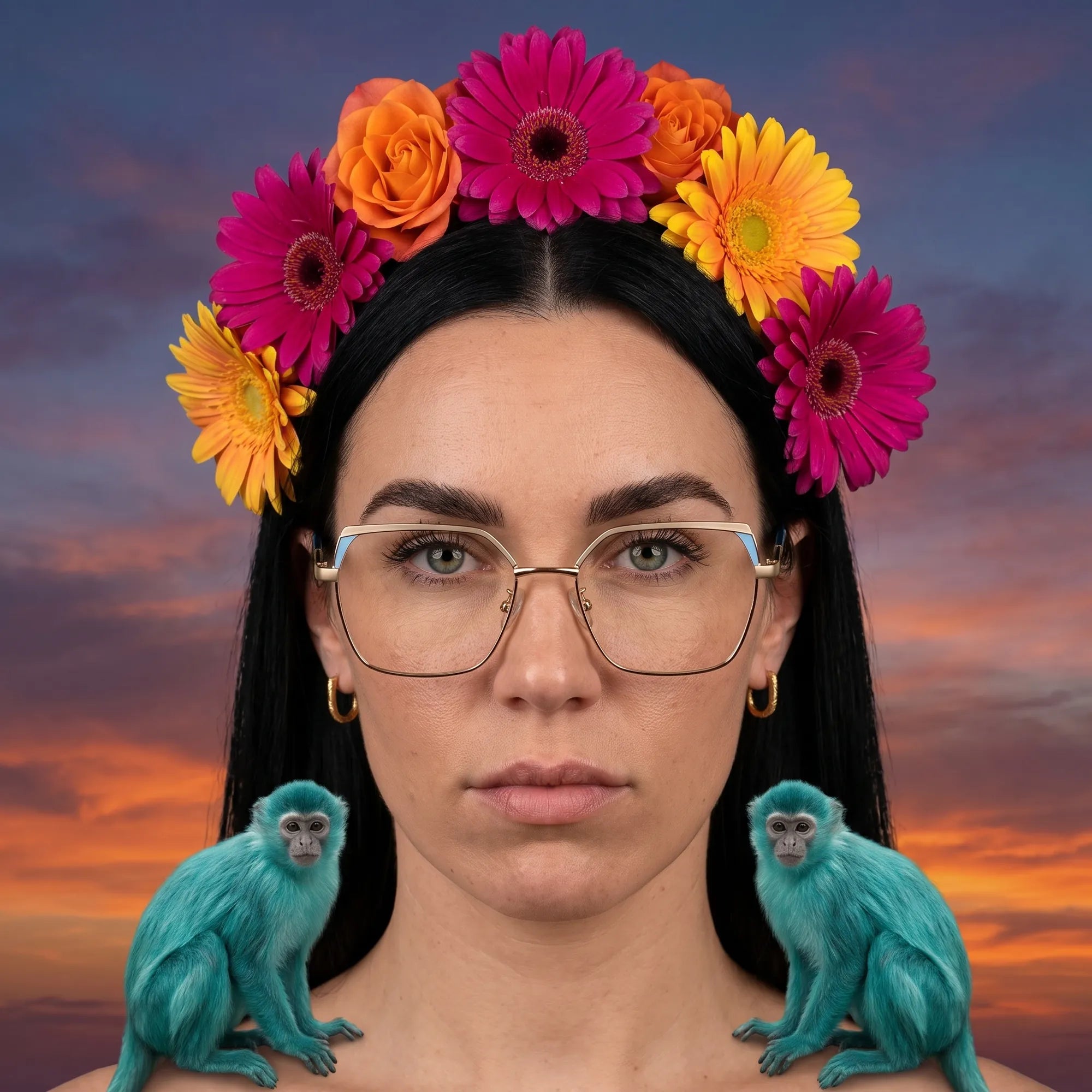 Anteojos Fiore 3971 en grey gold, en modelo – retrato de campaña, retrato pictórico surrealista con corona de flores