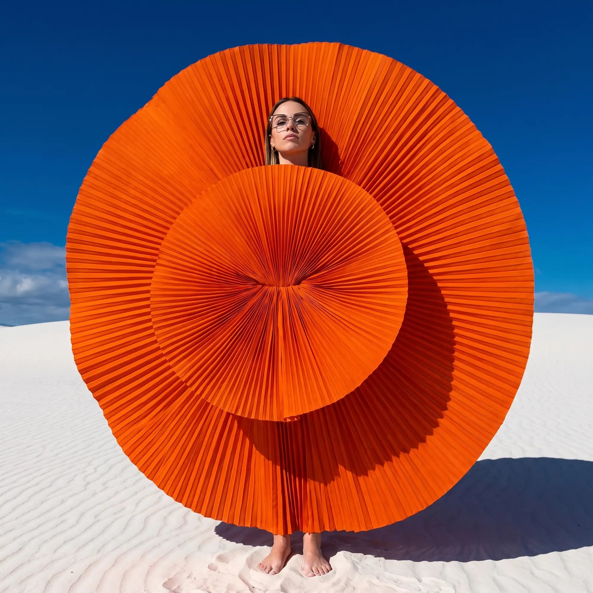 Anteojos Fiore 3971 en brown gold, en modelo – retrato de campaña, abanico plisado naranja escultórico sobre dunas blancas