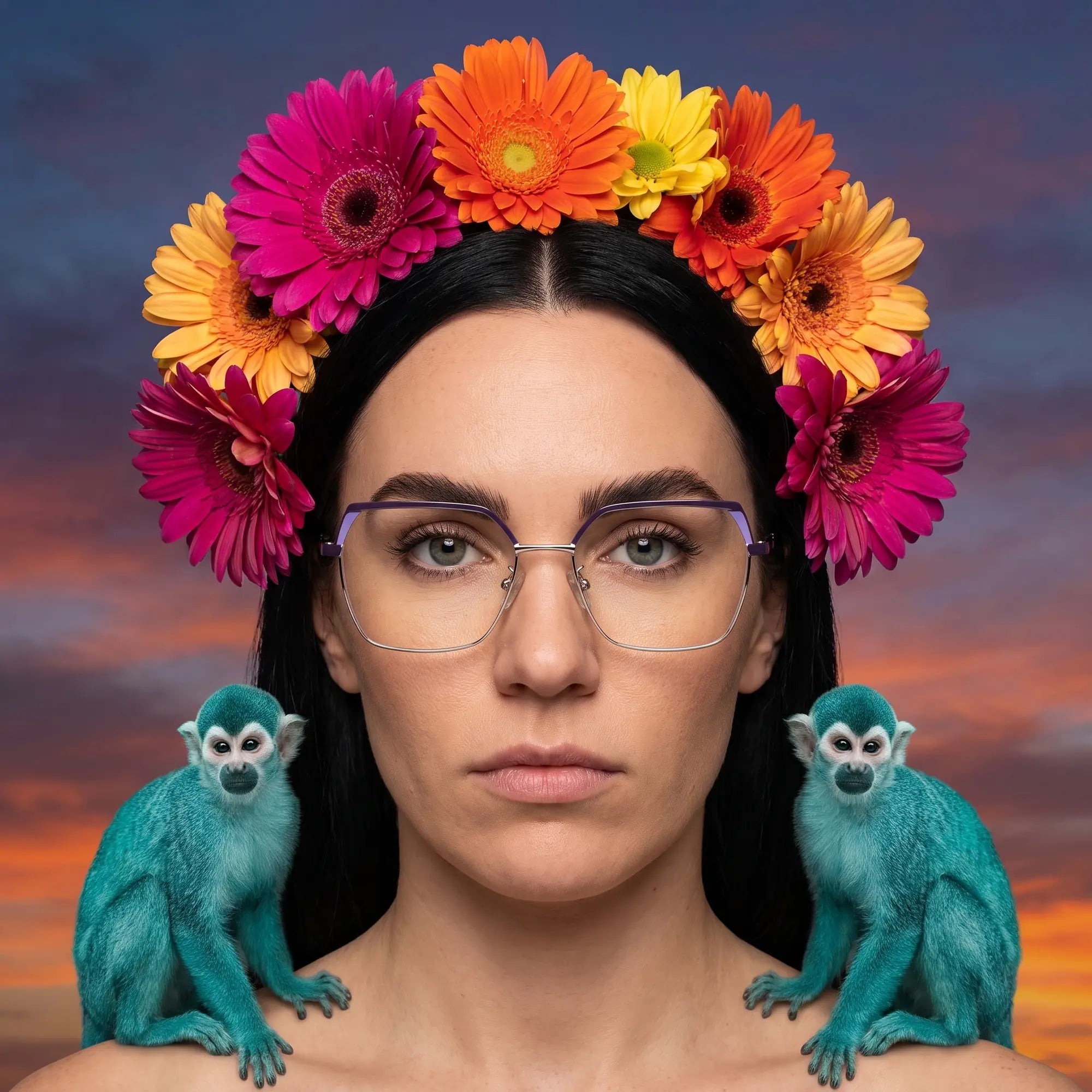 Anteojos Fiore 3971 en purple silver, en modelo – retrato de campaña, retrato pictórico surrealista con corona de flores