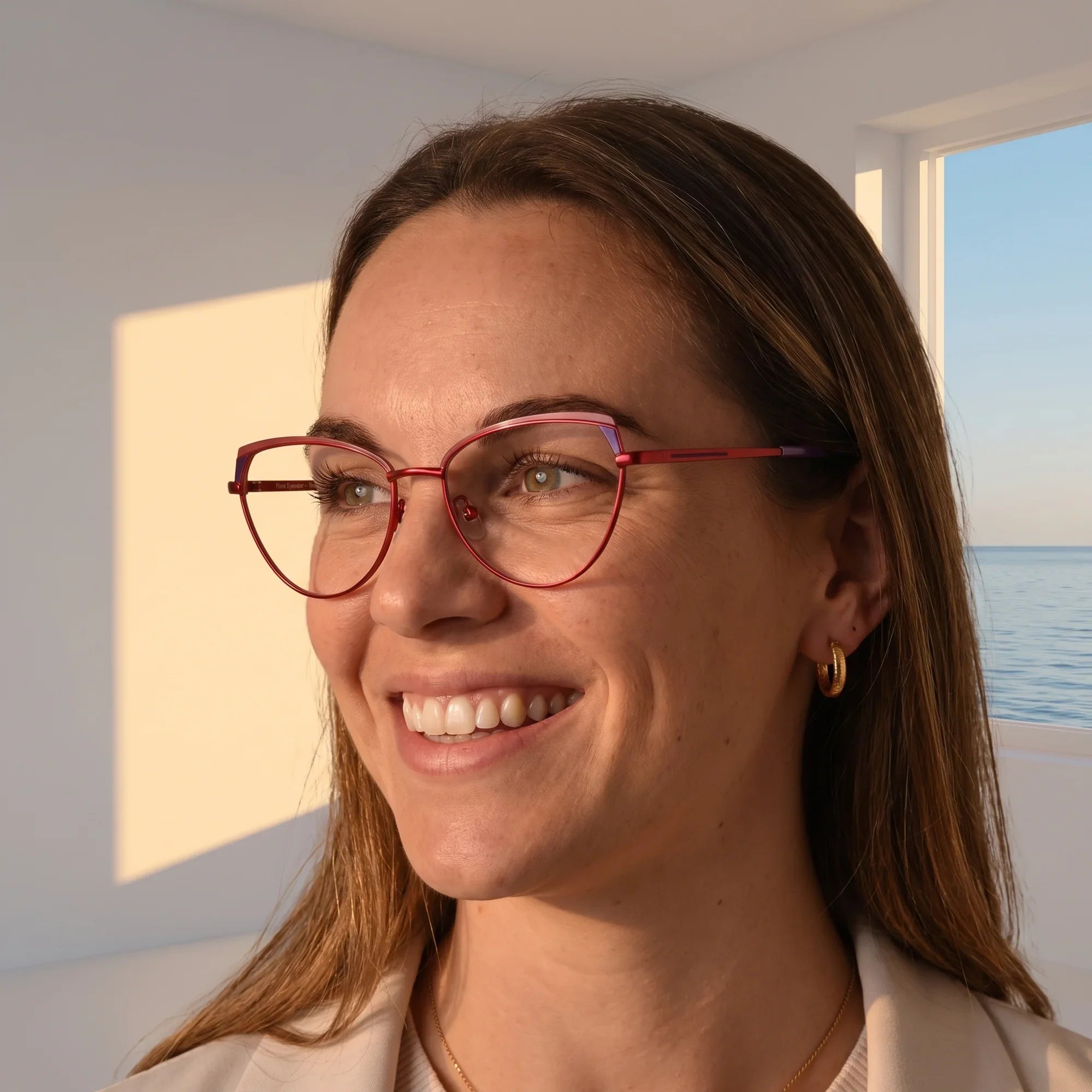 Anteojos Fiore 3983 en red black, en modelo – retrato de campaña, smiling at a bright window over the sea