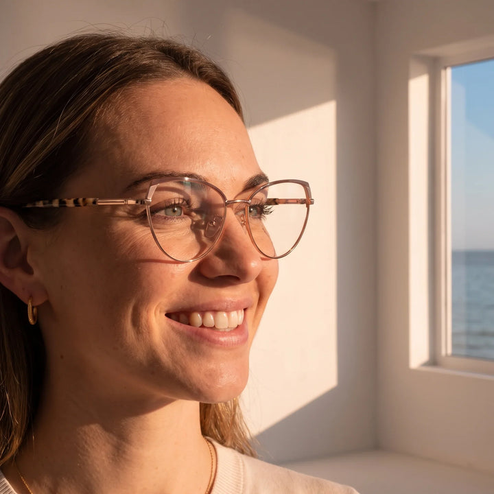 Anteojos Fiore 3983 en brown gold, en modelo – retrato de campaña, smiling at a bright window over the sea