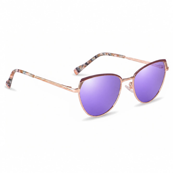 Lentes de sol Fiore 3983 Dorado cristal Espejado Morado polarizado vista tres cuartos mujer #color_espejado-morado
