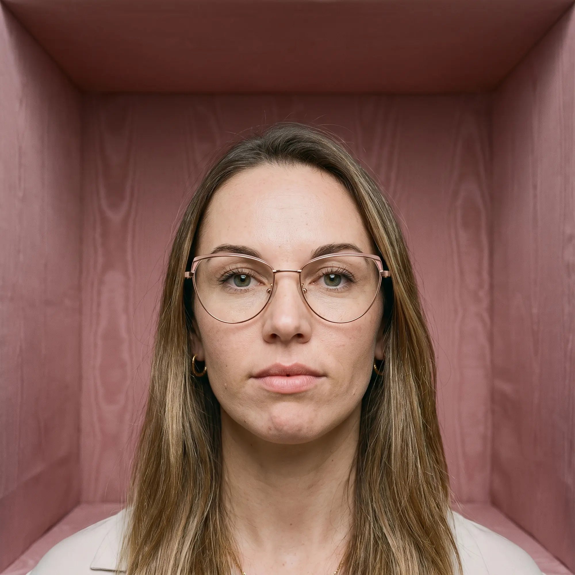 Anteojos Fiore 3983 en pink gold, en modelo – retrato de campaña, face framed by rose moire upholstery