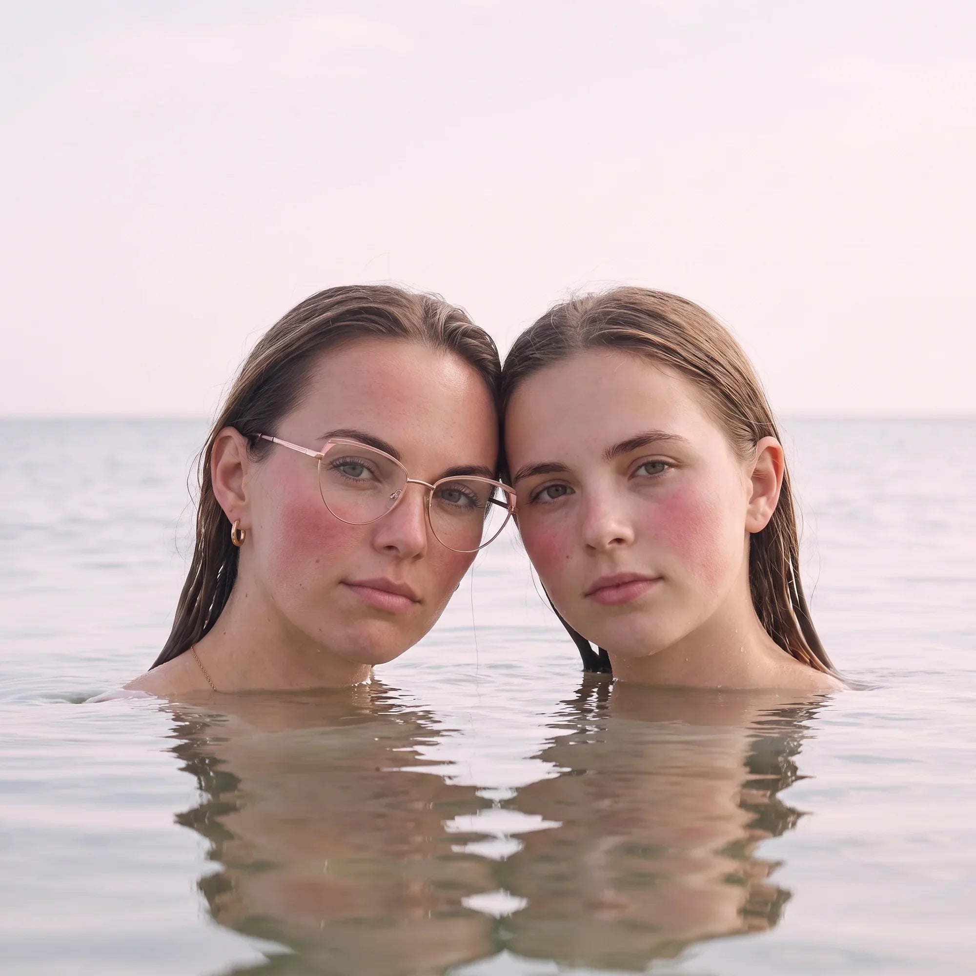Anteojos Fiore 3983 en pink gold, en modelo – retrato de campaña, wet-hair portrait in a calm summer sea