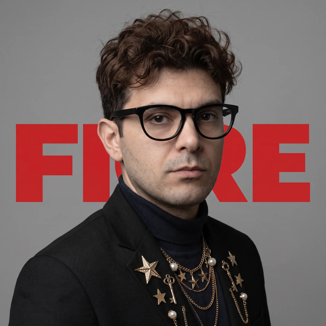 Anteojos Fiore 4488 en negro, en modelo – retrato de campaña, graphic studio portrait with bold red shapes