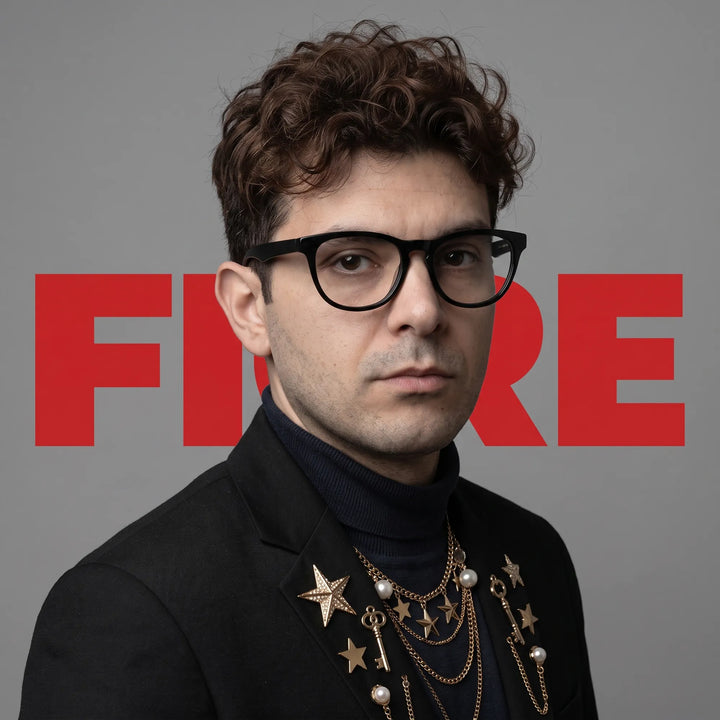 Anteojos Fiore 4488 en negro, en modelo – retrato de campaña, graphic studio portrait with bold red shapes