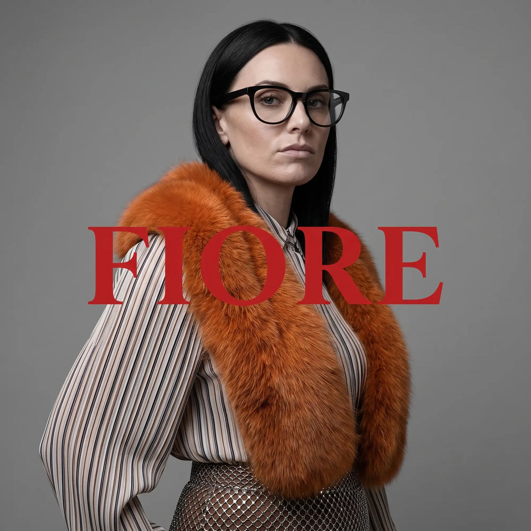 Anteojos Fiore 4488 en negro, en modelo – retrato de campaña, bold studio pose in vintage tweed