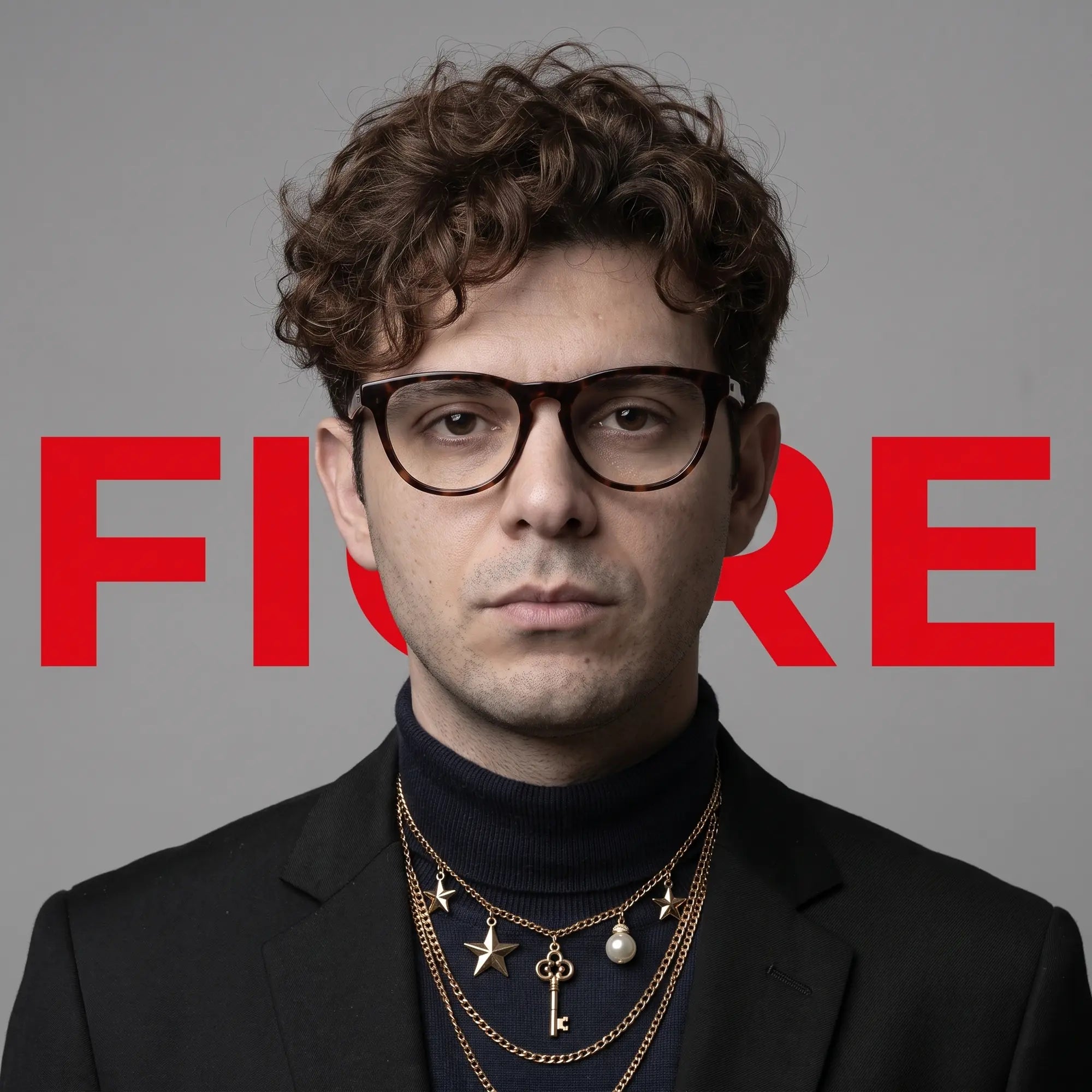 Anteojos Fiore 4488 en tortoiseshell, en modelo – retrato de campaña, graphic studio portrait with bold red shapes