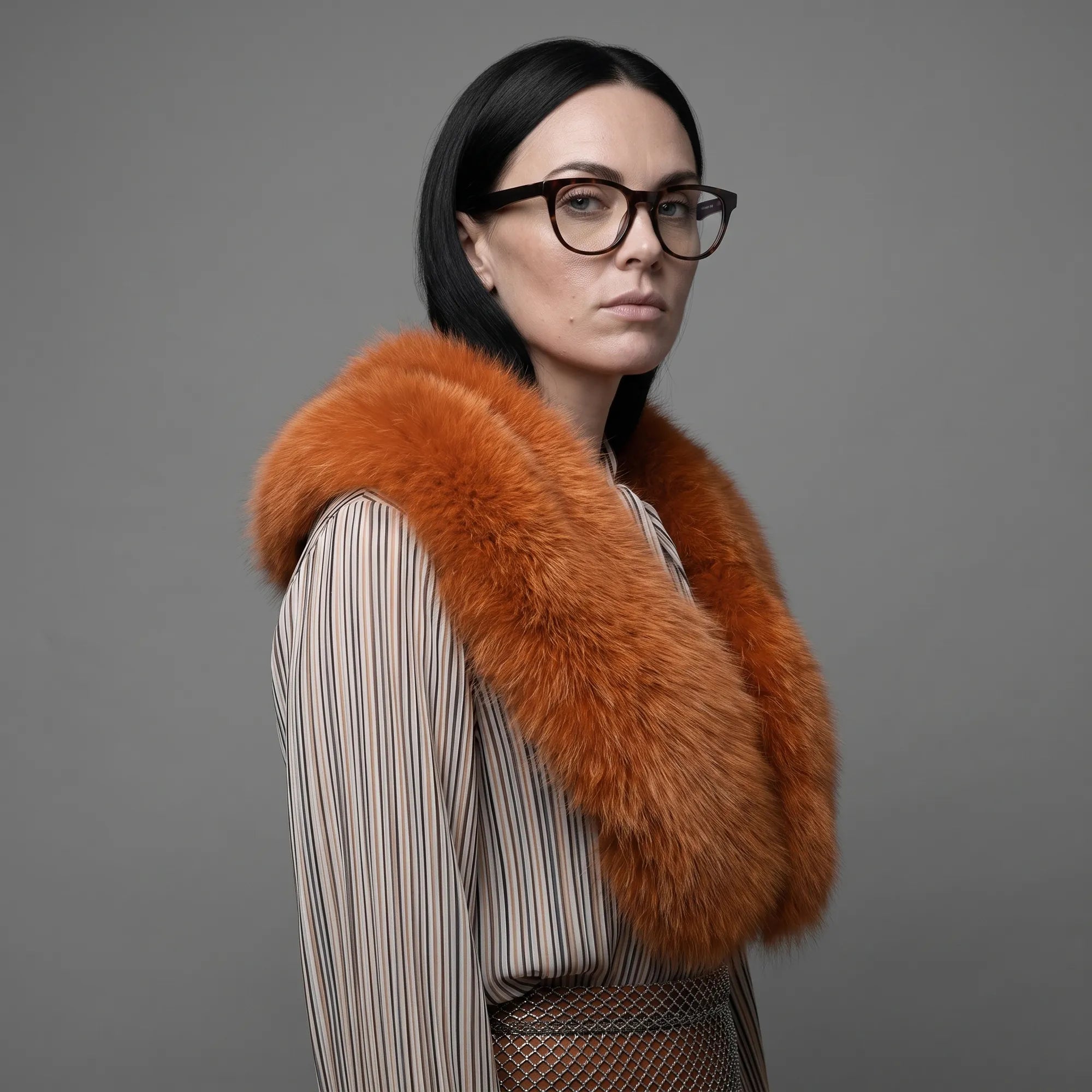 Anteojos Fiore 4488 en tortoiseshell, en modelo – retrato de campaña, bold studio pose in vintage tweed
