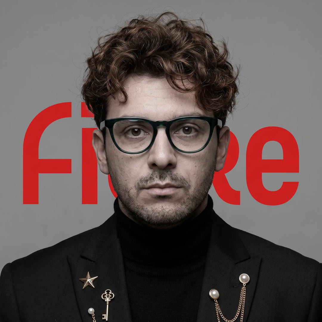 Anteojos Fiore 4488 en verde, en modelo – retrato de campaña, graphic studio portrait with bold red shapes