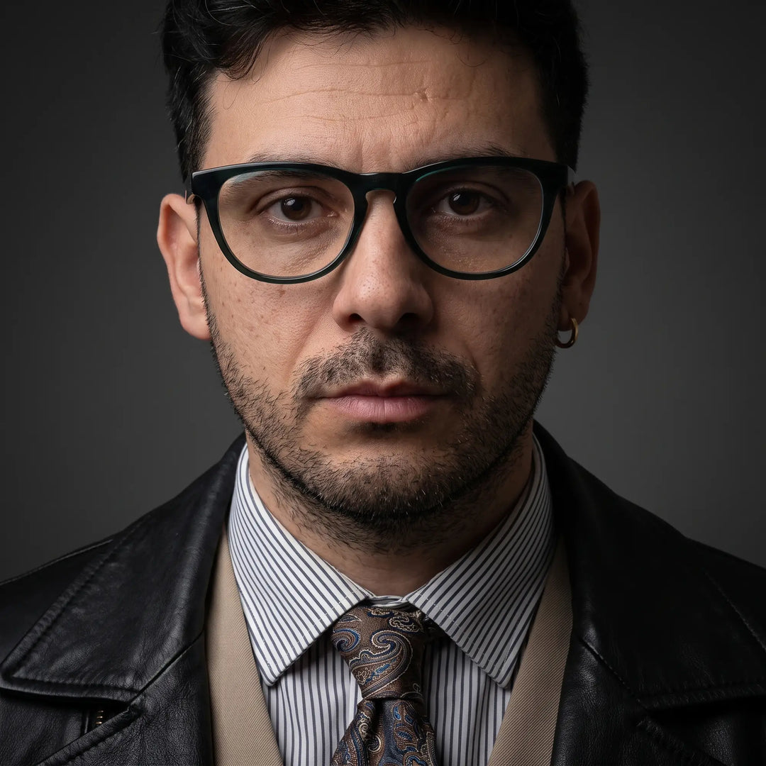 Anteojos Fiore 4488 en verde, en modelo – retrato de campaña, minimal studio portrait in soft daylight