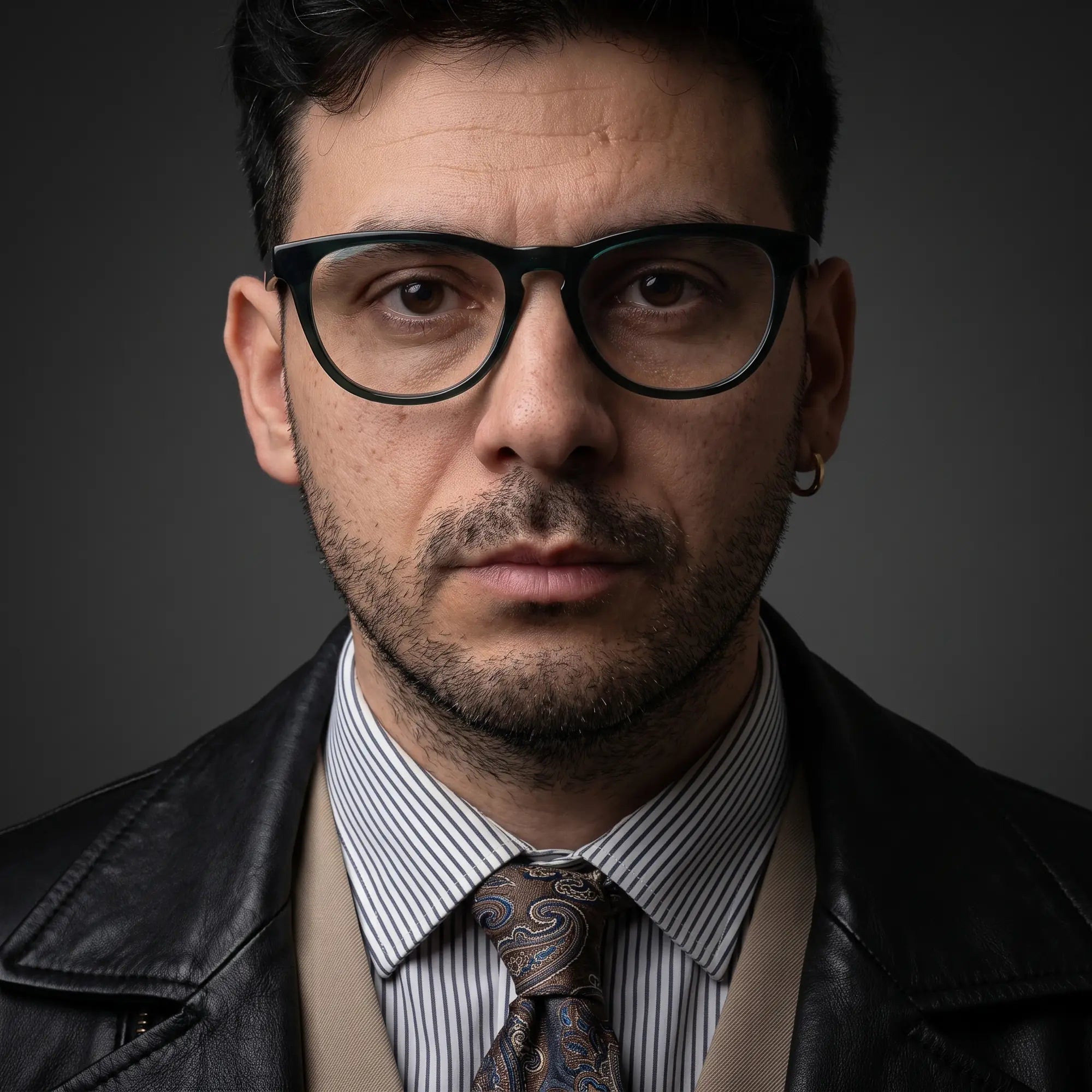 Anteojos Fiore 4488 en verde, en modelo – retrato de campaña, minimal studio portrait in soft daylight