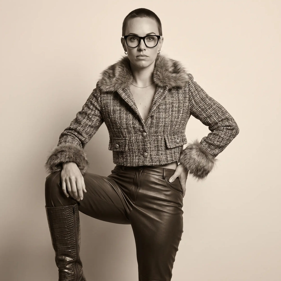 Anteojos Fiore 4488 en verde, en modelo – retrato de campaña, full-length studio portrait in tweed and leather