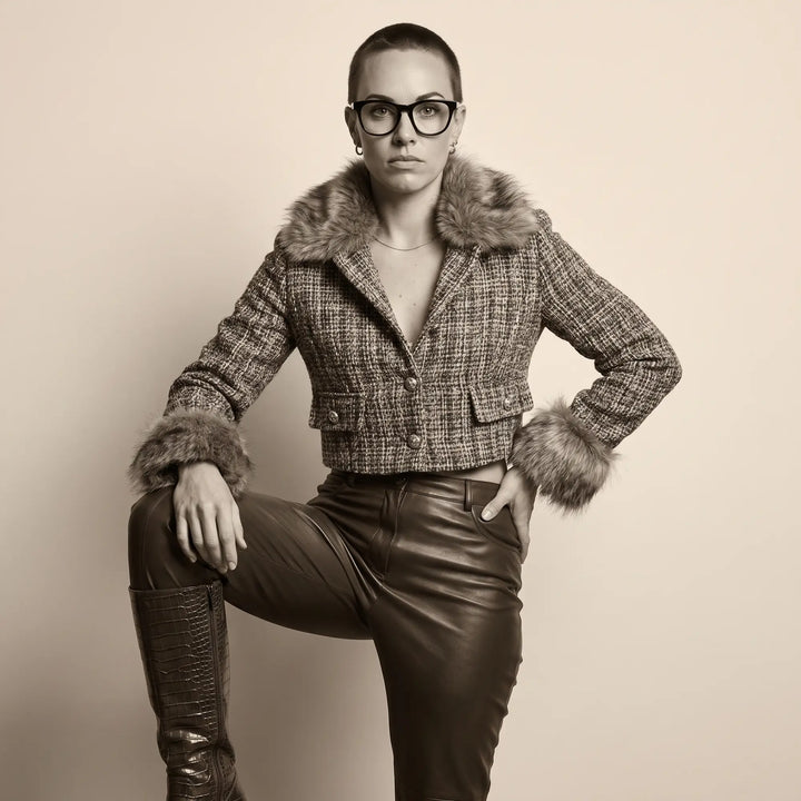 Anteojos Fiore 4488 en verde, en modelo – retrato de campaña, full-length studio portrait in tweed and leather