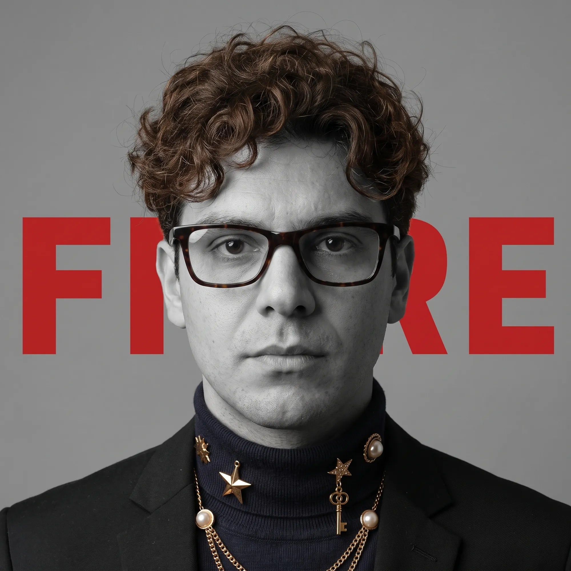 Anteojos Fiore 5228 en tortoiseshell, en modelo – retrato de campaña, graphic studio portrait with bold red shapes