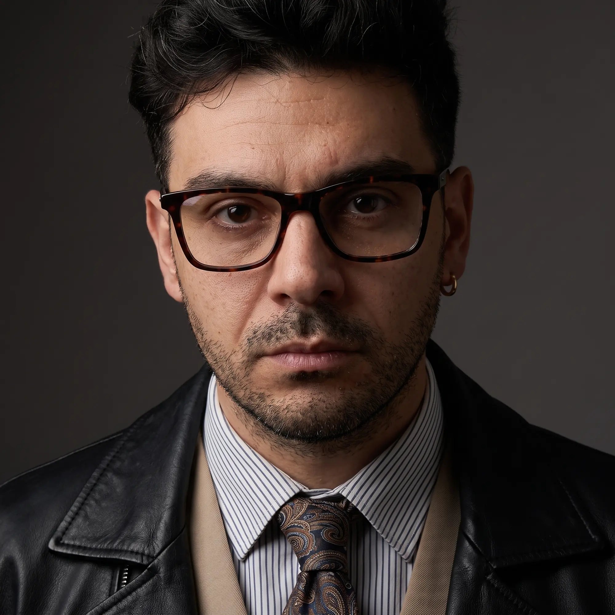 Anteojos Fiore 5228 en tortoiseshell, en modelo – retrato de campaña, minimal studio portrait in soft daylight
