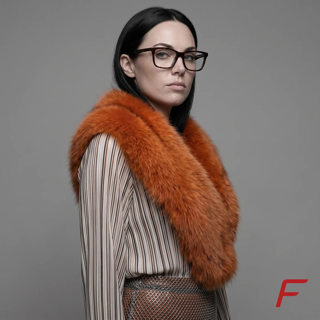 Anteojos Fiore 5228 en tortoiseshell, en modelo – retrato de campaña, bold studio pose in vintage tweed