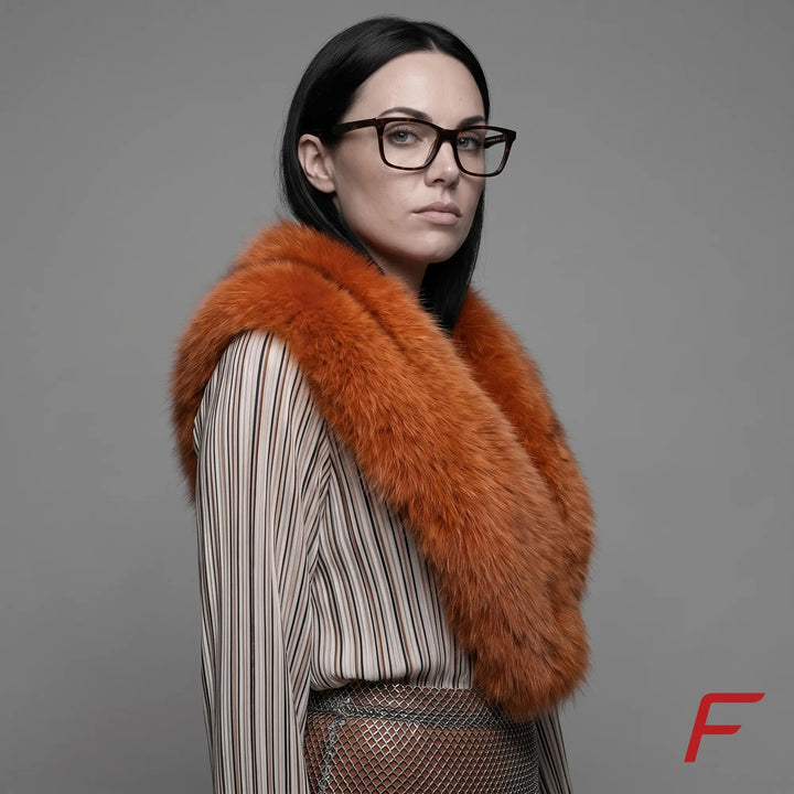 Anteojos Fiore 5228 en tortoiseshell, en modelo – retrato de campaña, bold studio pose in vintage tweed