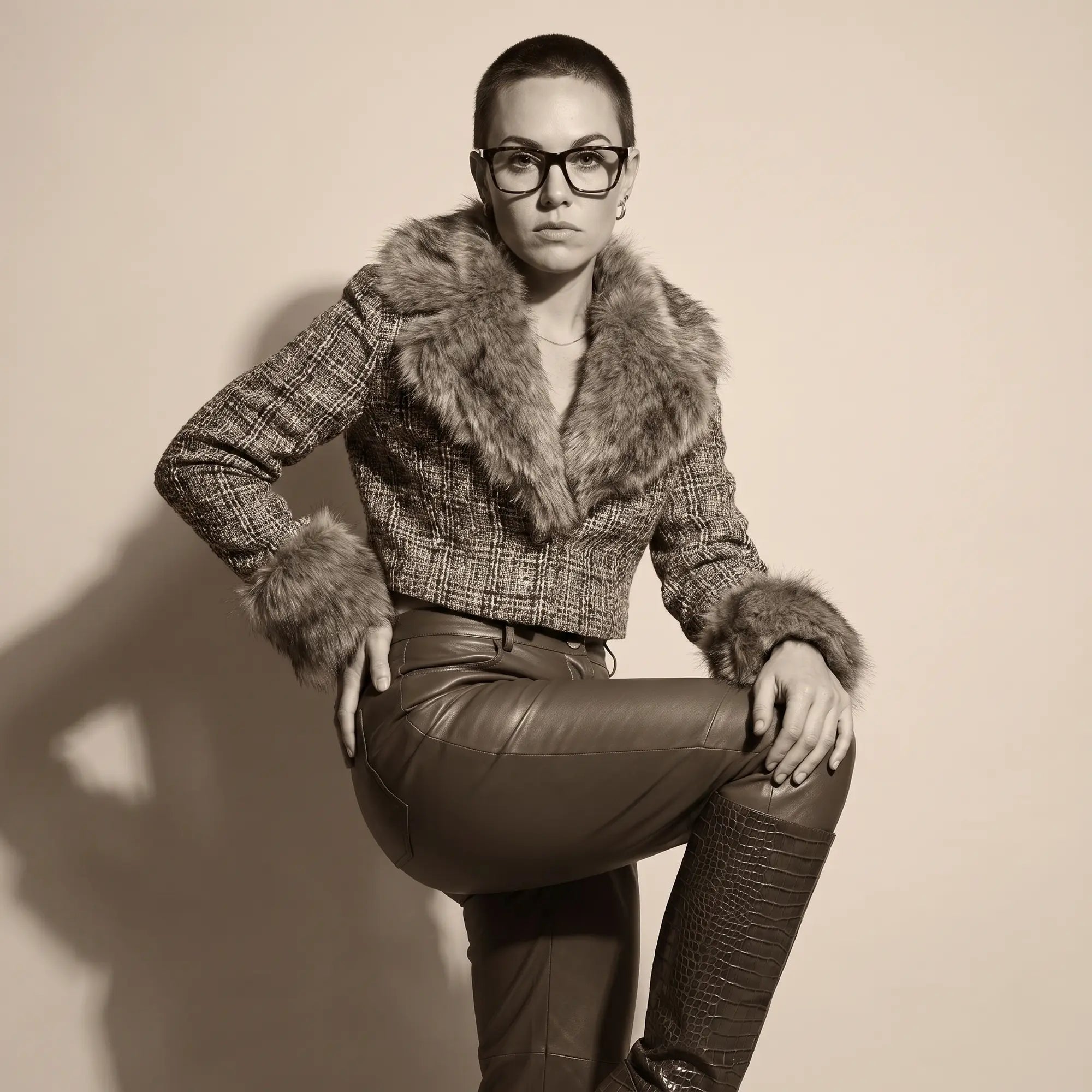Anteojos Fiore 5228 en tortoiseshell, en modelo – retrato de campaña, full-length studio portrait in tweed and leather
