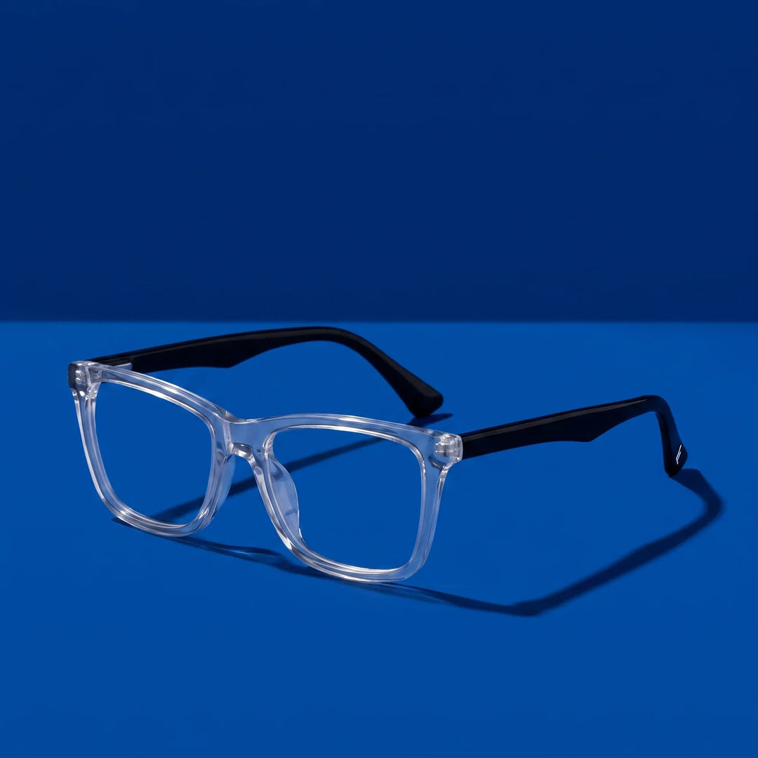 Anteojos Fiore 5228 en transparent – hero still life against a deep cobalt backdrop